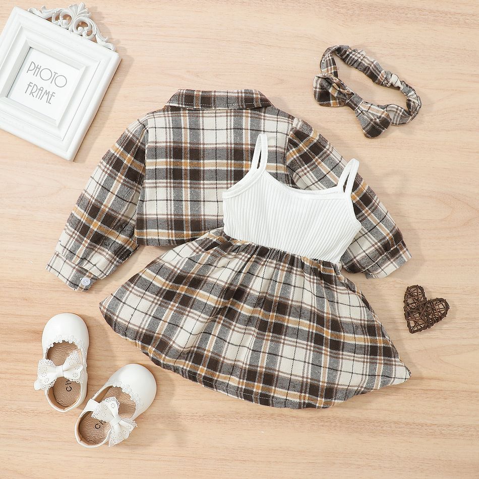 3pcs Baby Girl 100% Cotton Plaid Long-sleeve Cardigan and Letter Print Rib Knit Spliced Cami Dress with Headband Set Brown big image 2