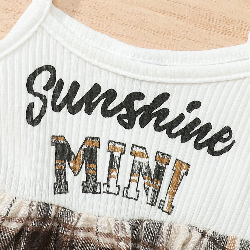 3pcs Baby Girl 100% Cotton Plaid Long-sleeve Cardigan and Letter Print Rib Knit Spliced Cami Dress with Headband Set Brown big image 4
