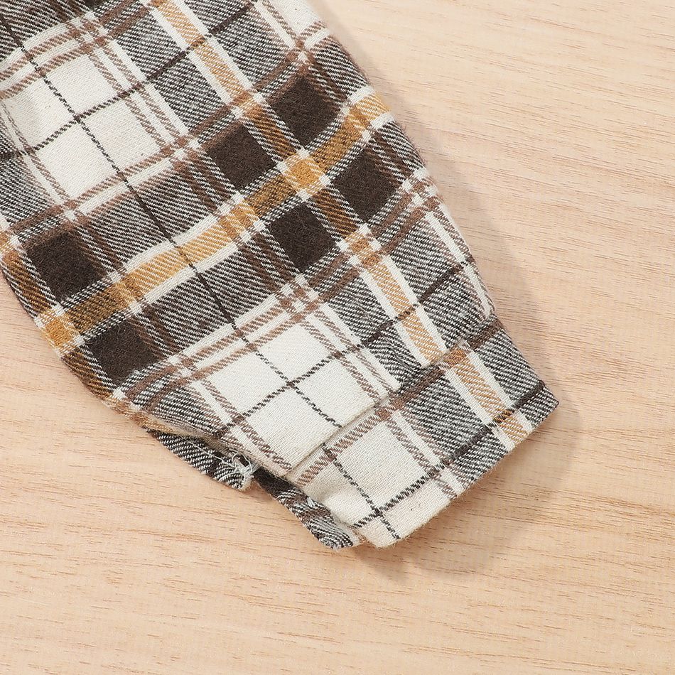 3pcs Baby Girl 100% Cotton Plaid Long-sleeve Cardigan and Letter Print Rib Knit Spliced Cami Dress with Headband Set Brown big image 8