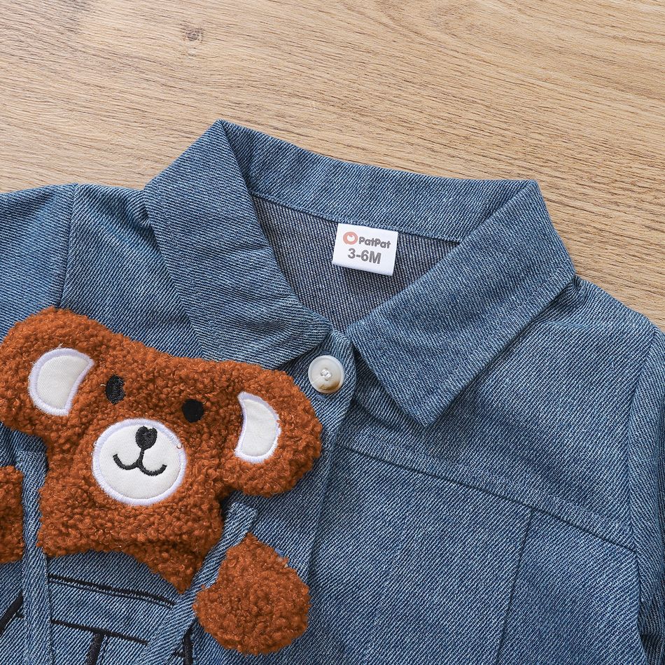 100% Cotton Baby Boy 3D Bear Decor Button Front Long-sleeve Denim Jacket Blue big image 3