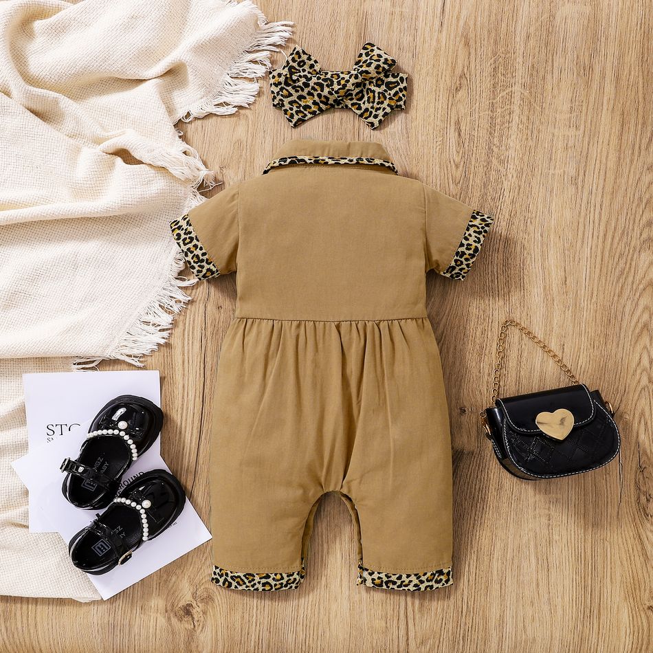 100% Cotton 2pcs Baby Girl Leopard Splicing Peter Pan Collar Short-sleeve Jumpsuit with Headband Set Khaki big image 4