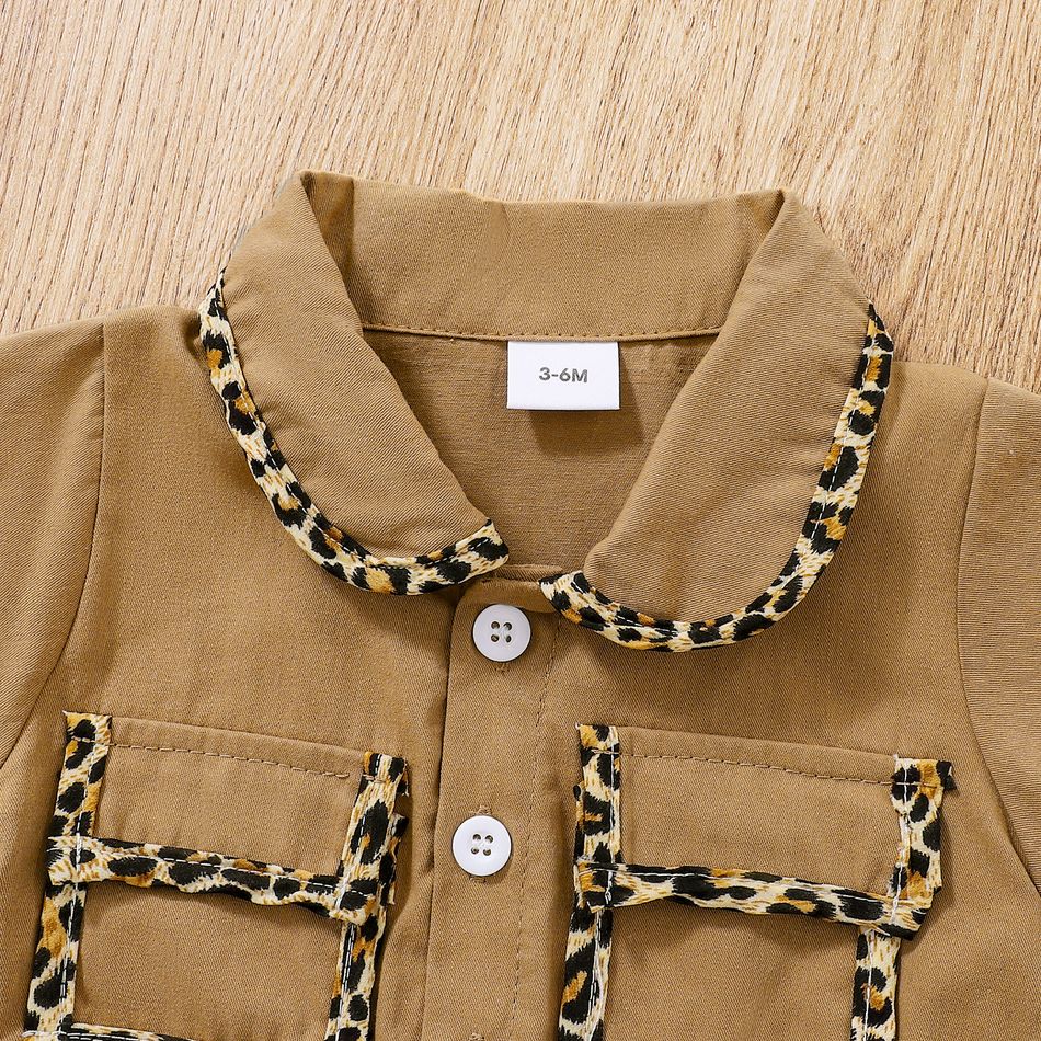 100% Cotton 2pcs Baby Girl Leopard Splicing Peter Pan Collar Short-sleeve Jumpsuit with Headband Set Khaki big image 5