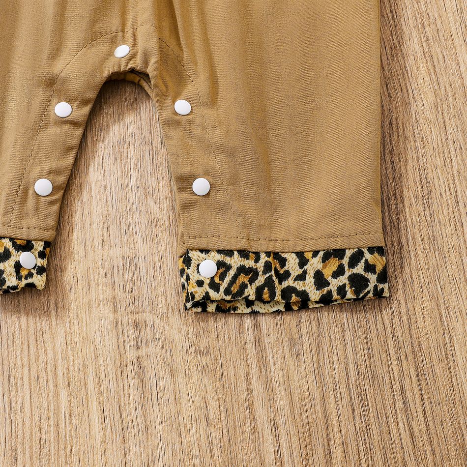 100% Cotton 2pcs Baby Girl Leopard Splicing Peter Pan Collar Short-sleeve Jumpsuit with Headband Set Khaki big image 8