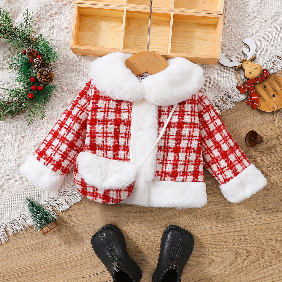 2pcs Baby Girl Thermal Fuzzy Spliced Red Tweed Long-sleeve Coat with Crossbody Bag Set Red big image 1