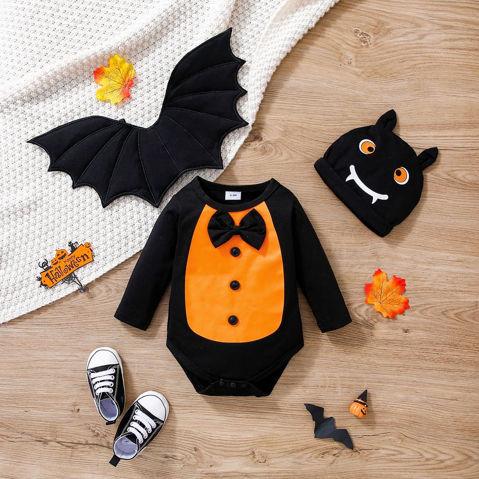 Halloween 3pcs Baby Boy 95% Cotton Long-sleeve Bow Tie Romper with Detachable Bat Decor and Hat Set Black big image 2