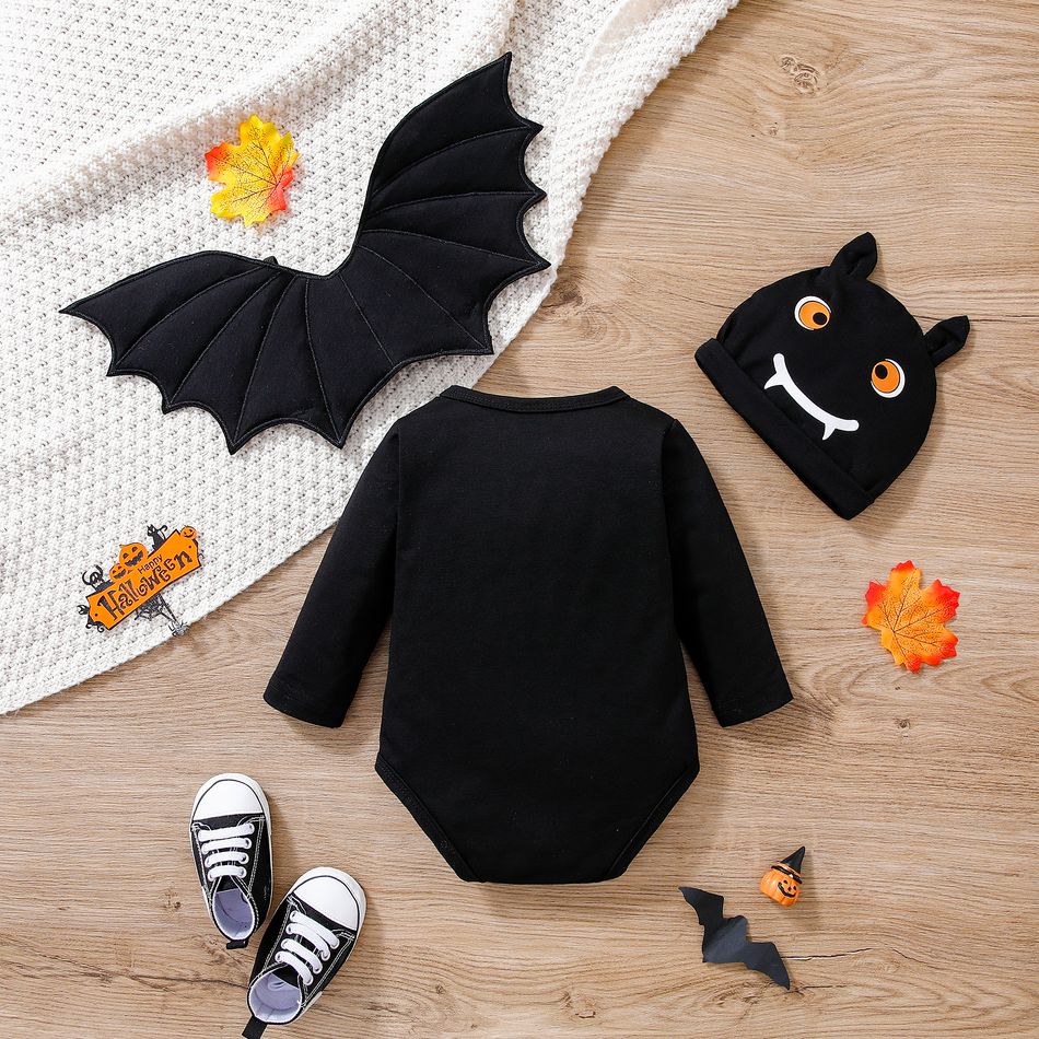 هالوين 3 قطع طفل رضيع 95٪ القطن طويل الأكمام رومبير مع ديكور الخفافيش للانفصال ومجموعة قبعة أسود big image 6