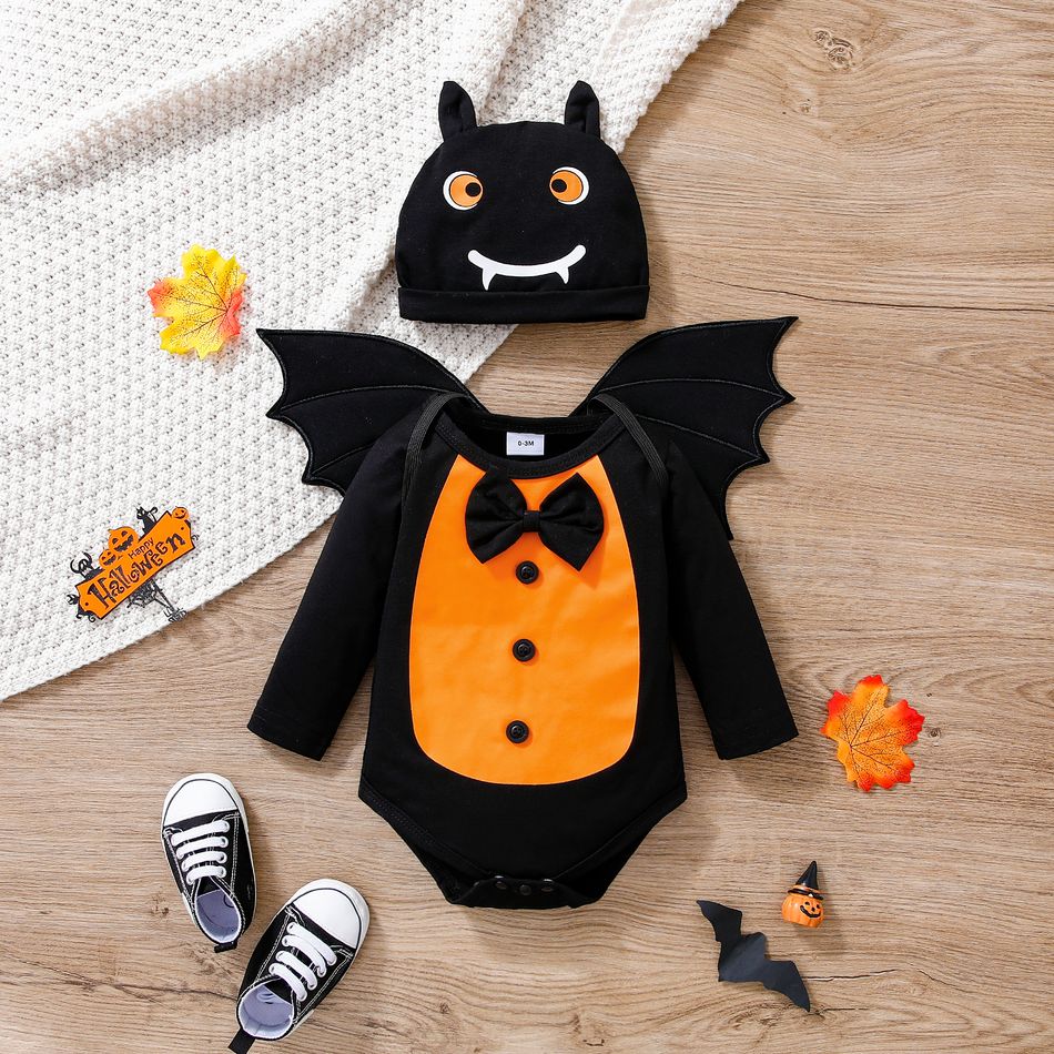 Halloween 3pcs Baby Boy 95% Cotton Long-sleeve Bow Tie Romper with Detachable Bat Decor and Hat Set Black