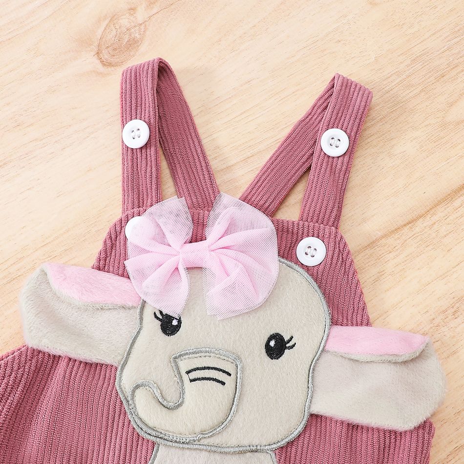 Baby Girl Elephant Embroidered Patched Corduroy Overalls Dark Pink big image 3