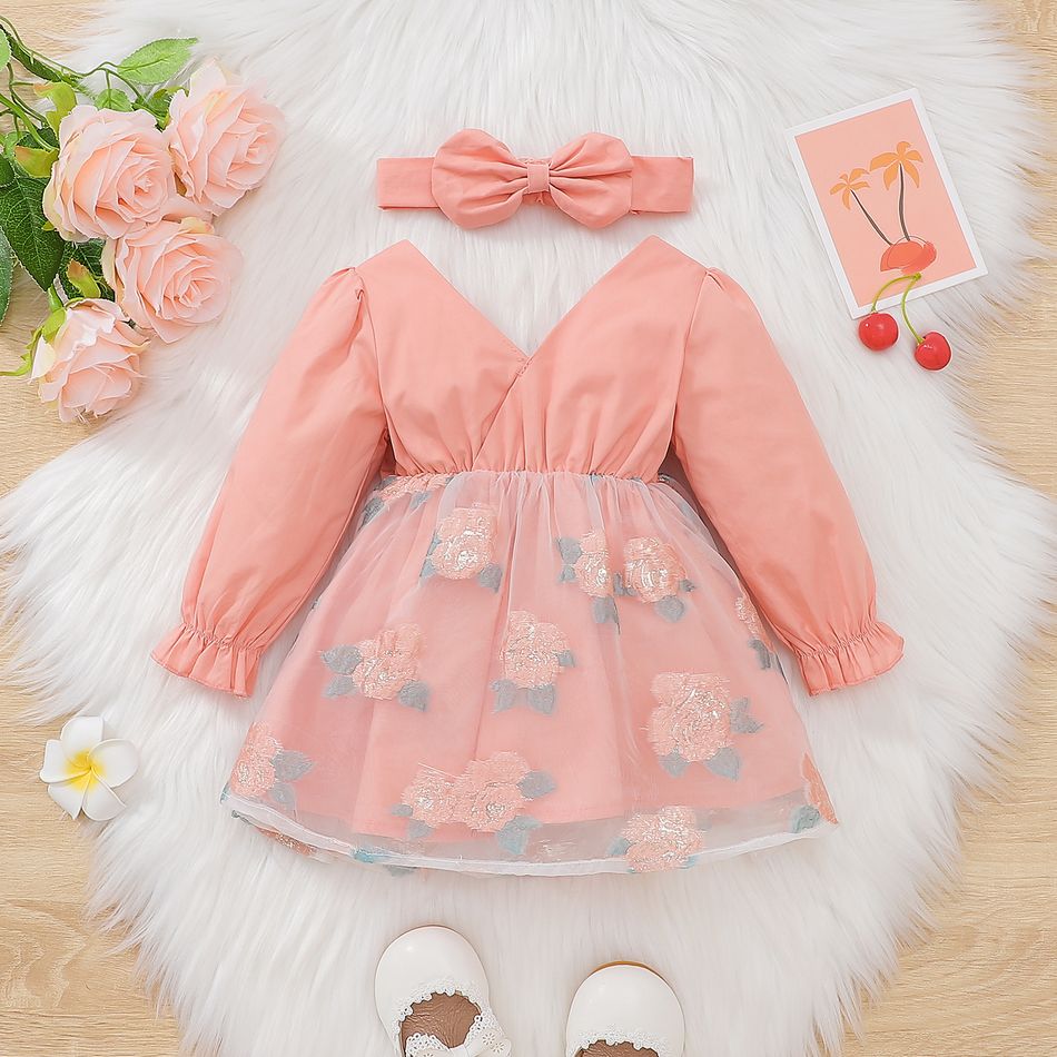 100% Cotton 2pcs Baby Girl Bow Front V Neck Long-sleeve Spliced Floral Organza Party Dress with Headband Set Pink big image 2