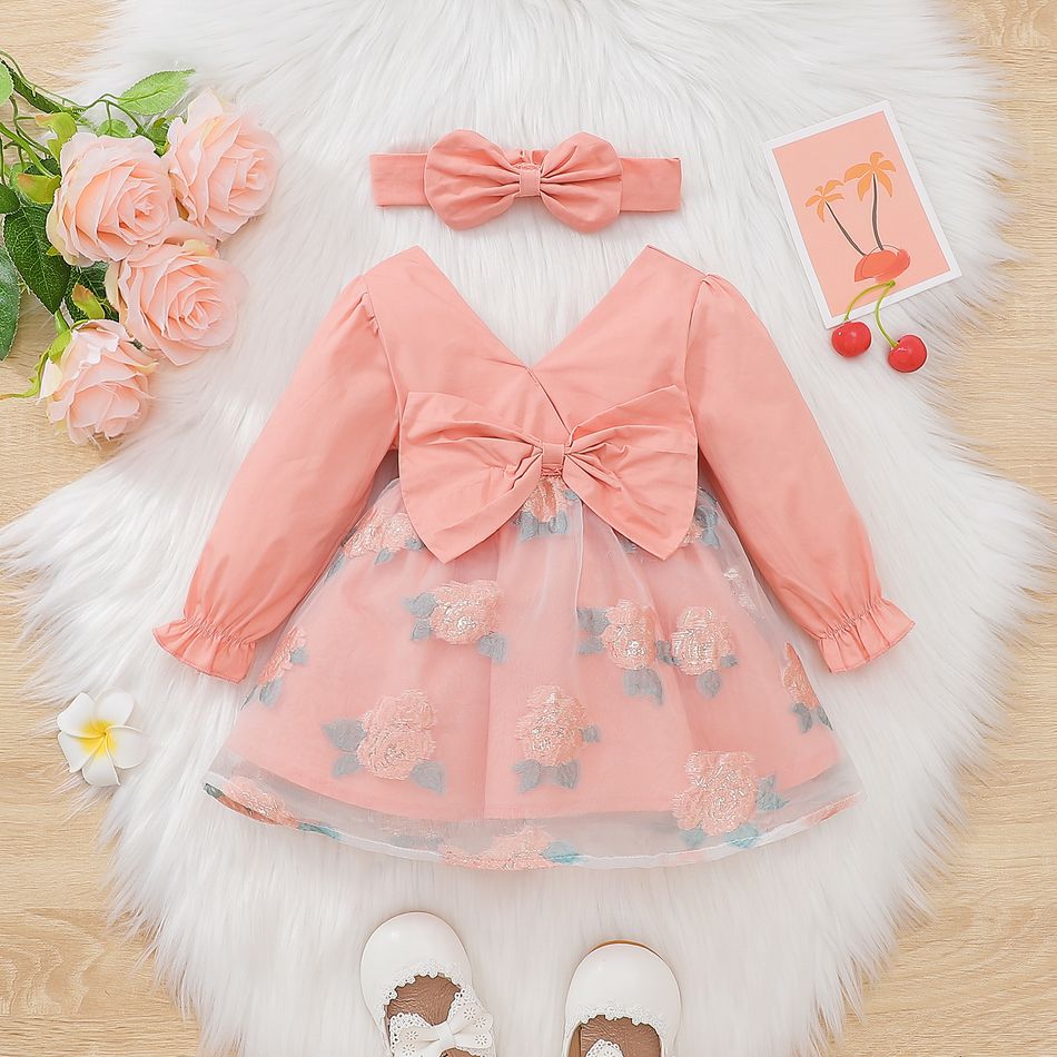 100% Cotton 2pcs Baby Girl Bow Front V Neck Long-sleeve Spliced Floral Organza Party Dress with Headband Set Pink big image 1