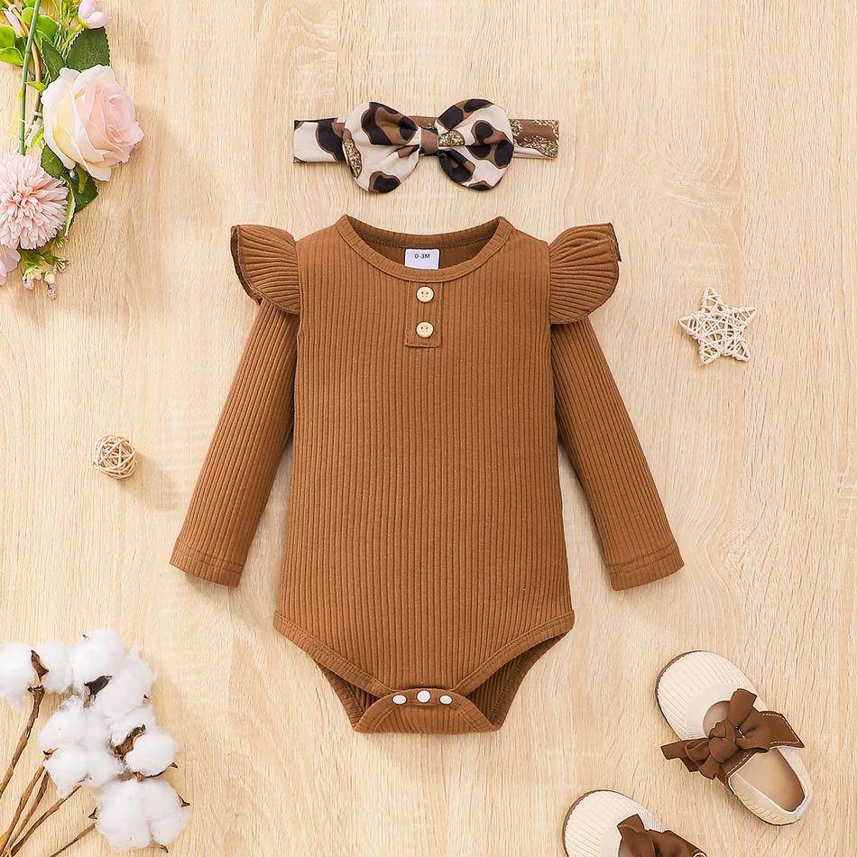 3pcs Baby Girl 95% Cotton Rib Knit Ruffle Long-sleeve Romper and Bow Front Leopard Print Suspender Pants with Headband Set Brown big image 4