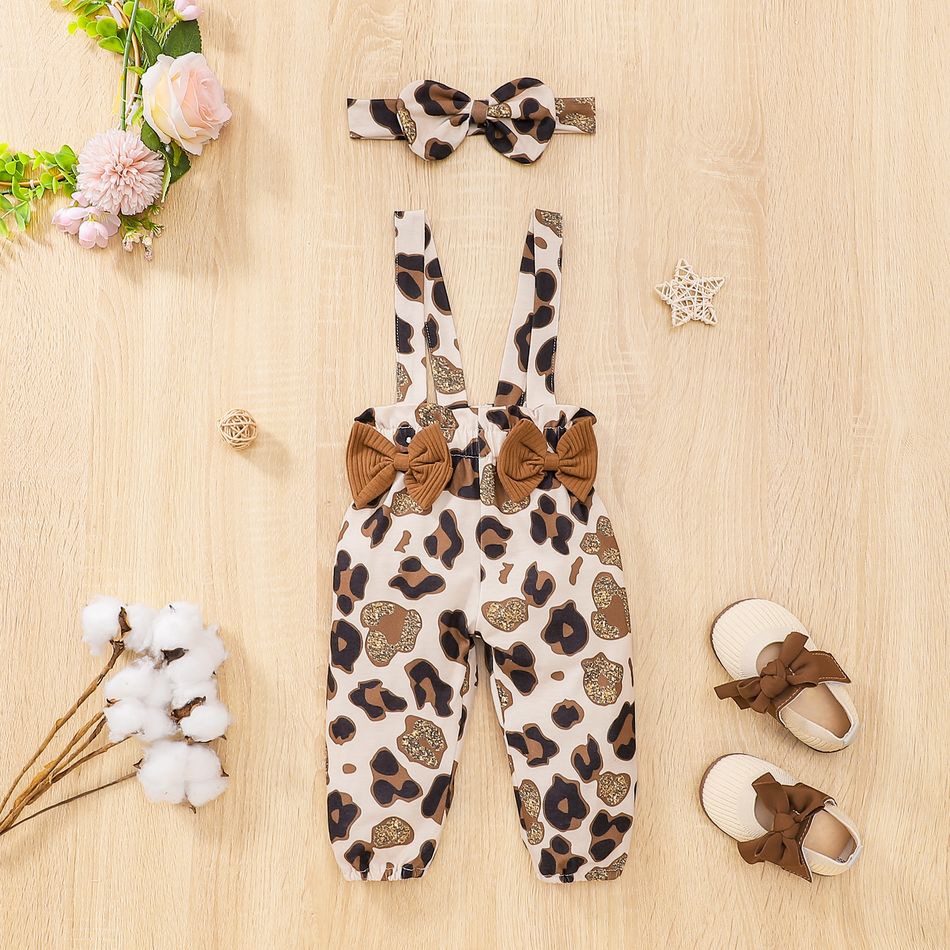 3pcs Baby Girl 95% Cotton Rib Knit Ruffle Long-sleeve Romper and Bow Front Leopard Print Suspender Pants with Headband Set Brown big image 8