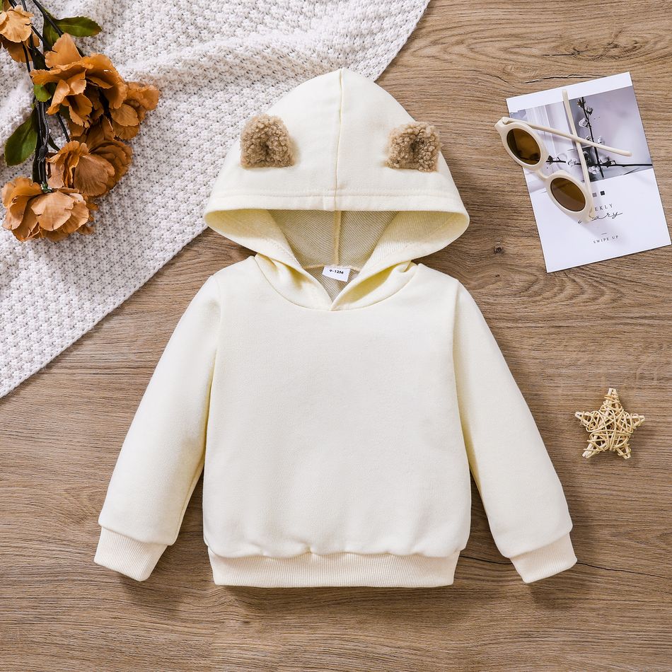 2pcs Baby Boy/Girl 100% Cotton Bear Embroidered Denim Overalls Solid Long-sleeve 3D Ears Hoodie Set Apricot big image 4
