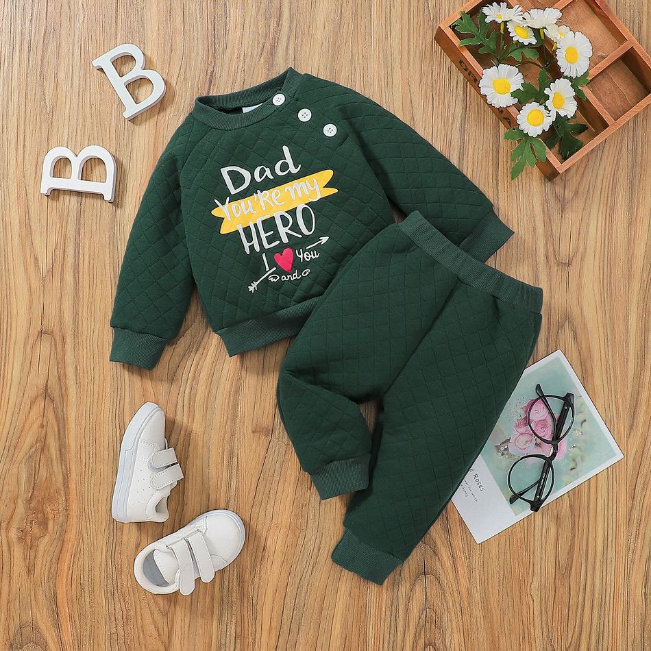 2pcs Baby Boy/Girl Letter Print Long-sleeve Quilted Sweatshirt and Sweatpants Set Green big image 2