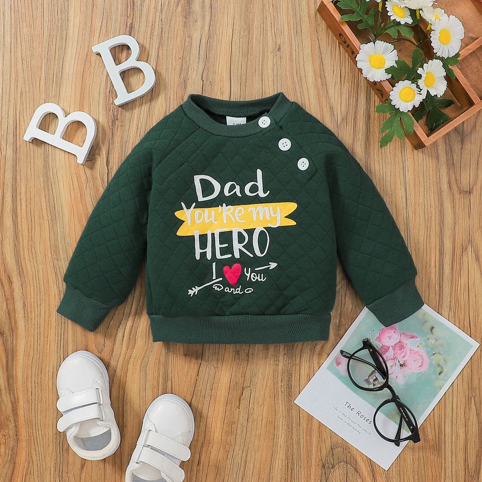 2pcs Baby Boy/Girl Letter Print Long-sleeve Quilted Sweatshirt and Sweatpants Set Green big image 3