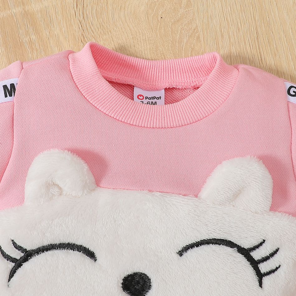 2pcs Baby Girl Pink Long-sleeve 3D Ears Fuzzy Sweatshirt and Sweatpants Set Pink big image 3
