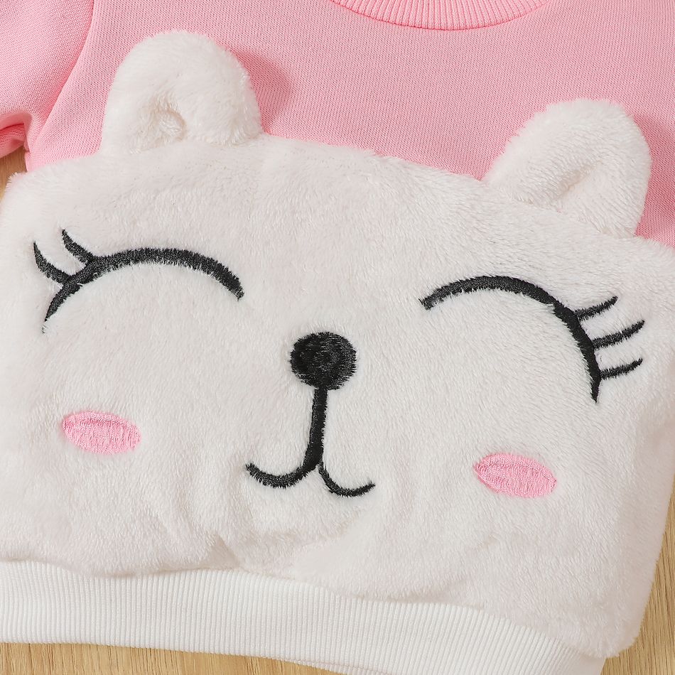 2pcs Baby Girl Pink Long-sleeve 3D Ears Fuzzy Sweatshirt and Sweatpants Set Pink big image 4