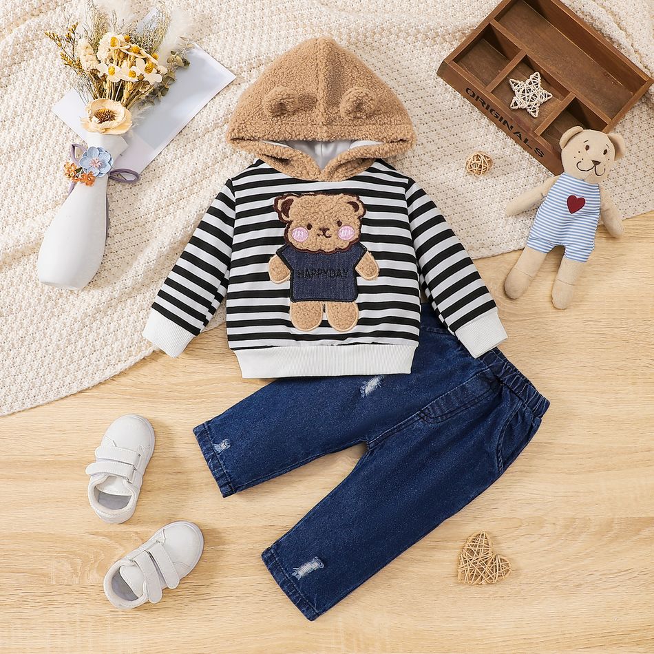 2pcs Baby Boy 100% Cotton Ripped Jeans and Bear Embroidered Striped Long-sleeve Fuzzy Hoodie Set Black/White big image 1
