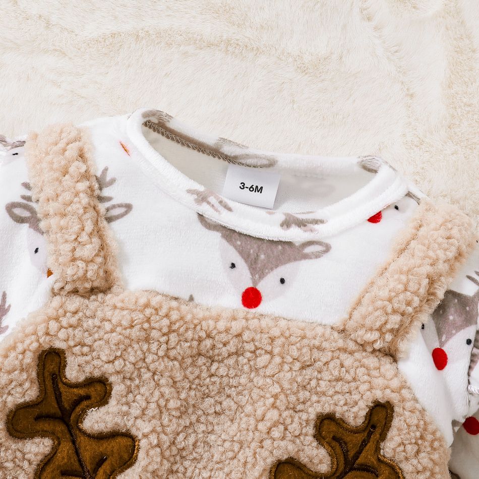 Christmas 3pcs Baby Girl Allover Print Ruffle Long-sleeve Spliced Deer Embroidered Sherpa Fleece Dress and Headband with Calf Sleeves Set Beige big image 3
