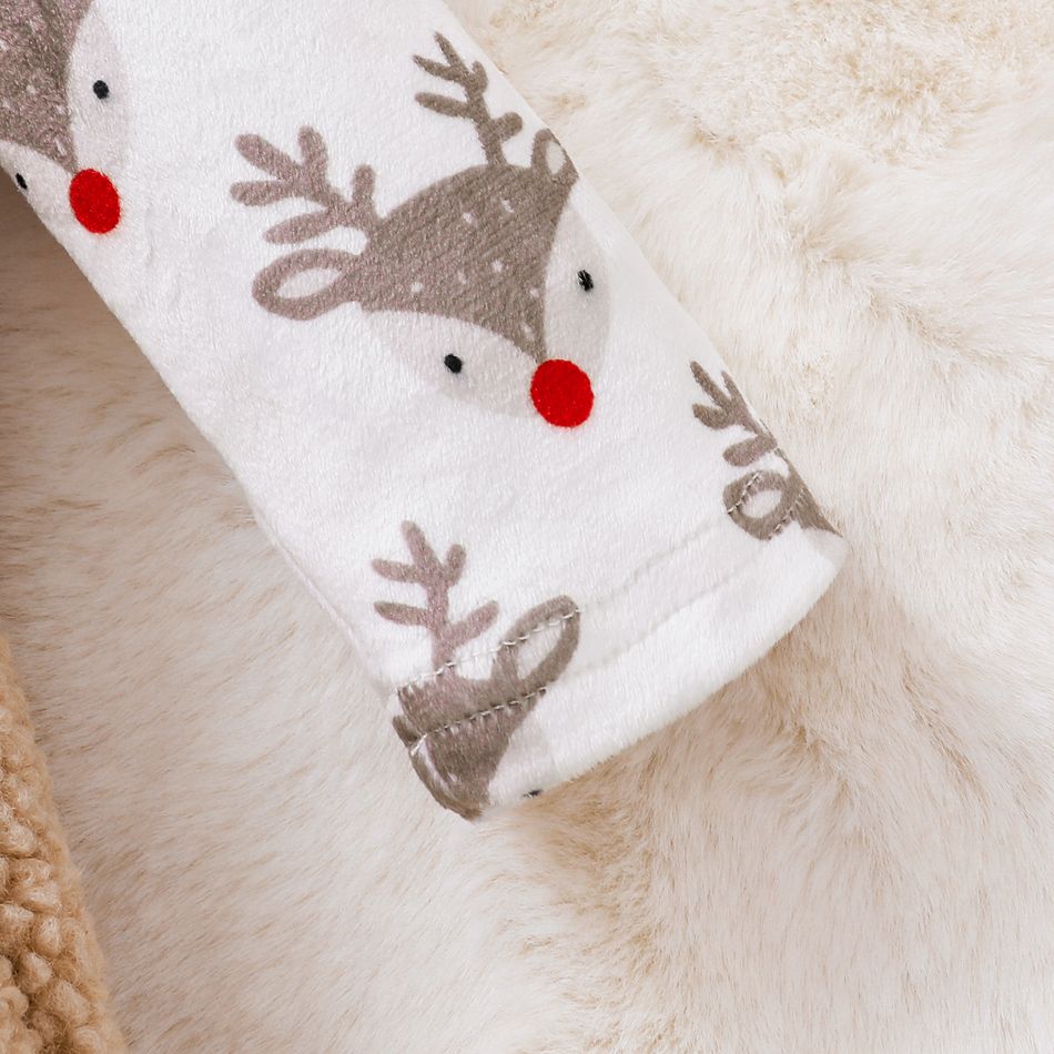 Christmas 3pcs Baby Girl Allover Print Ruffle Long-sleeve Spliced Deer Embroidered Sherpa Fleece Dress and Headband with Calf Sleeves Set Beige big image 5