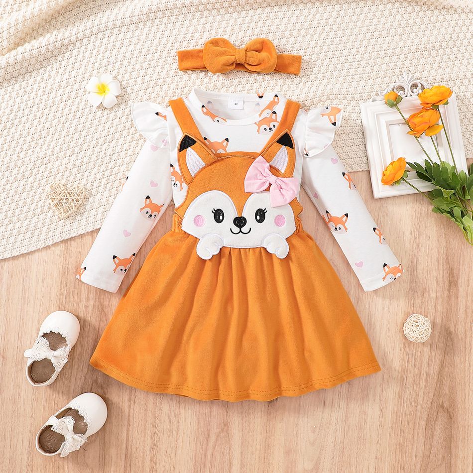 3pcs Toddler Girl Playful Fox PaaternTee and Fleece Overall Dress & Headband Set Orange big image 1