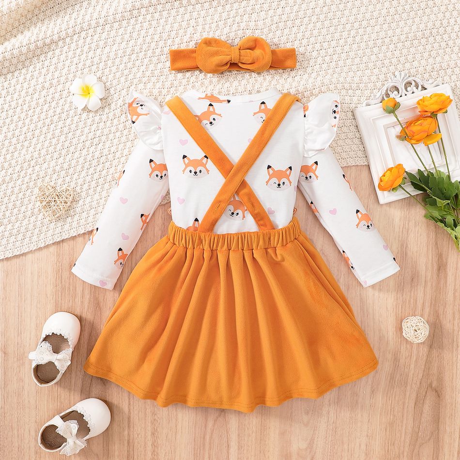 3pcs Toddler Girl Playful Fox PaaternTee and Fleece Overall Dress & Headband Set Orange big image 4