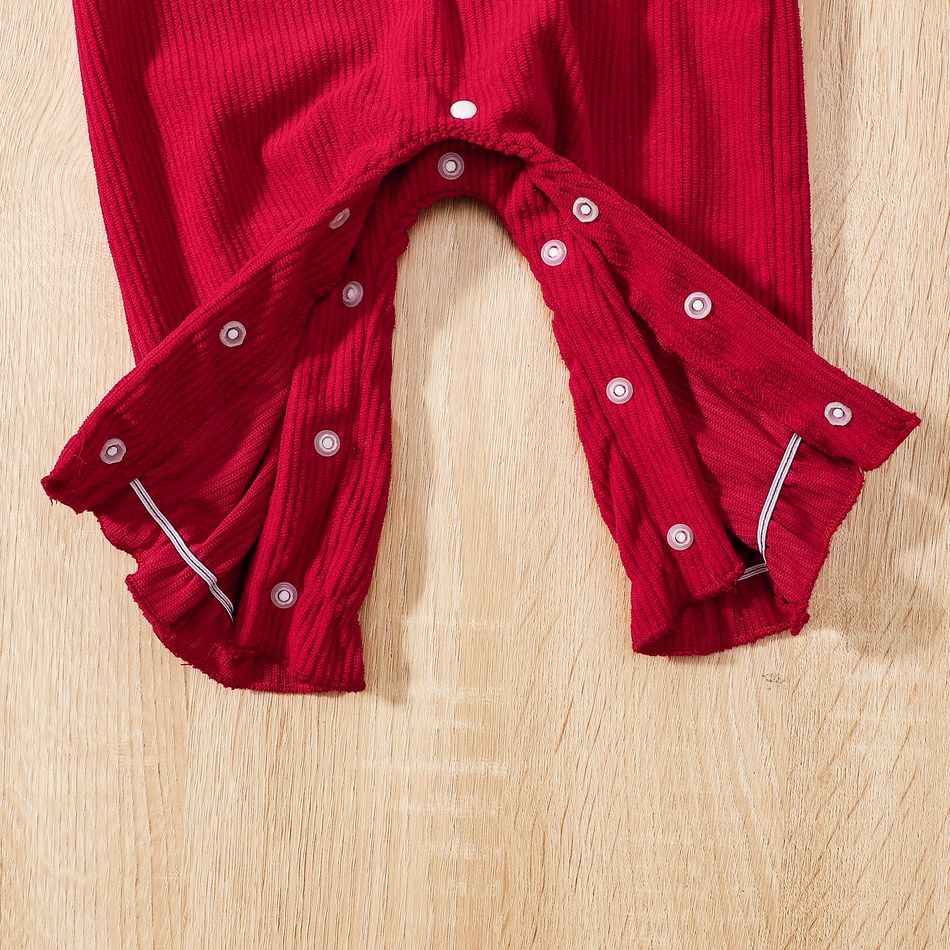 Christmas Baby Girl Deer Graphic Red Corduroy Flutter-sleeve Bow Front Overalls Red big image 6