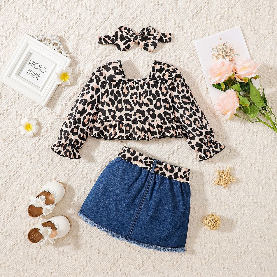 3pcs Baby Girl 100% Cotton Belted Ripped Denim Skirt and Leopard Square Neck Long-sleeve Top with Headband Set Multi-color big image 2
