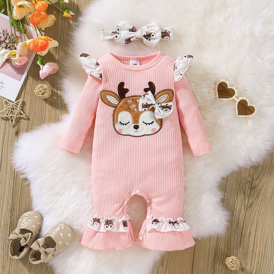 2pcs Baby Girl 100% Cotton Pink Ribbed Spliced Ruffle Trim Deer Embroidered Long-sleeve Jumpsuit with Headband Set Pink