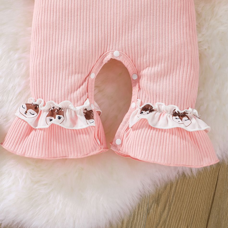 2pcs Baby Girl 100% Cotton Pink Ribbed Spliced Ruffle Trim Deer Embroidered Long-sleeve Jumpsuit with Headband Set Pink big image 6