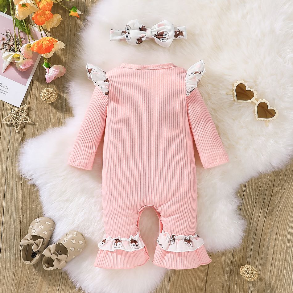 2pcs Baby Girl 100% Cotton Pink Ribbed Spliced Ruffle Trim Deer Embroidered Long-sleeve Jumpsuit with Headband Set Pink big image 2