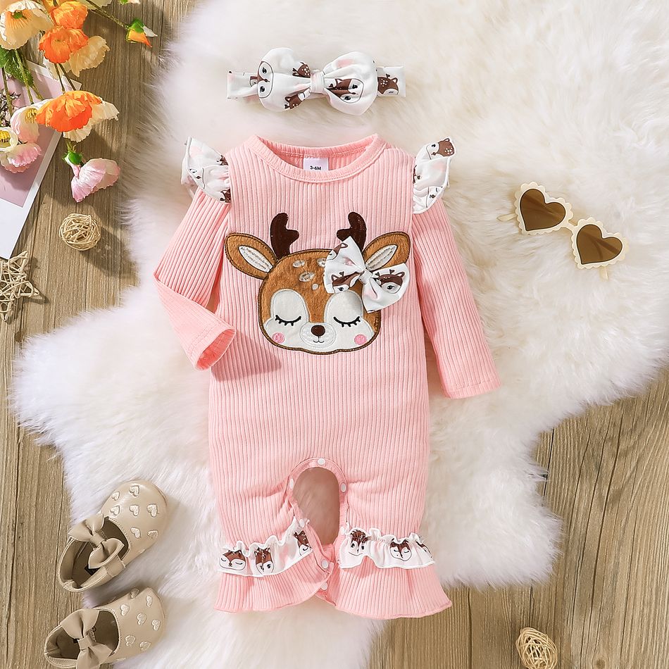 2pcs Baby Girl 100% Cotton Pink Ribbed Spliced Ruffle Trim Deer Embroidered Long-sleeve Jumpsuit with Headband Set Pink big image 3