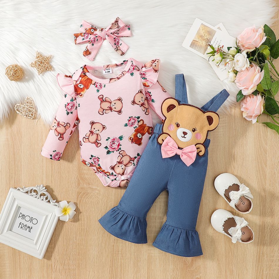 3pcs Baby Girl Allover Bear Print Ruffle Long-sleeve Romper and Imitation Denim Overalls with Headband Set Pink big image 1