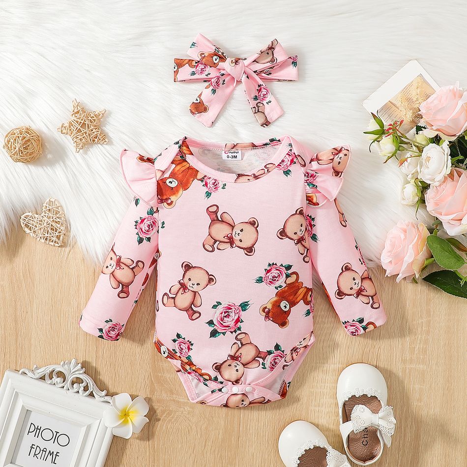 3pcs Baby Girl Allover Bear Print Ruffle Long-sleeve Romper and Imitation Denim Overalls with Headband Set Pink big image 5