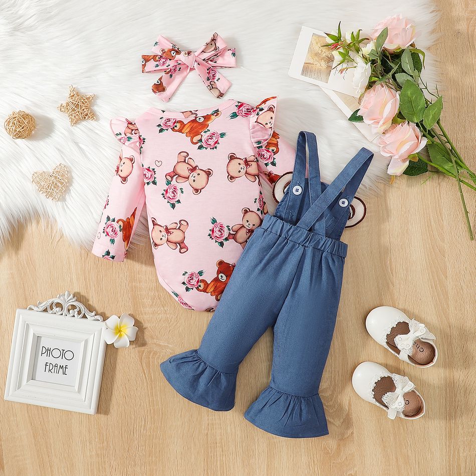 3pcs Baby Girl Allover Bear Print Ruffle Long-sleeve Romper and Imitation Denim Overalls with Headband Set Pink big image 2