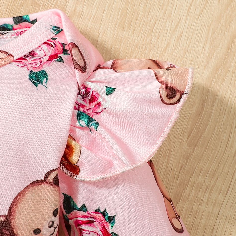 3pcs Baby Girl Allover Bear Print Ruffle Long-sleeve Romper and Imitation Denim Overalls with Headband Set Pink big image 7