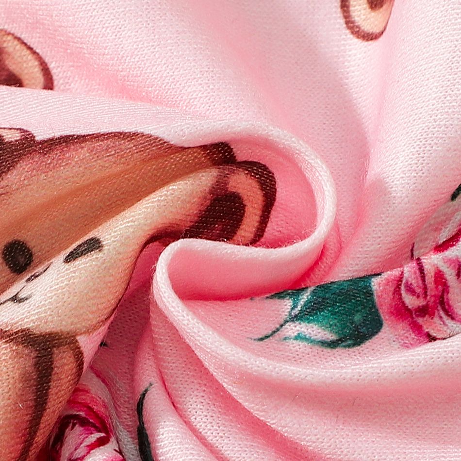 3pcs Baby Girl Allover Bear Print Ruffle Long-sleeve Romper and Imitation Denim Overalls with Headband Set Pink big image 8