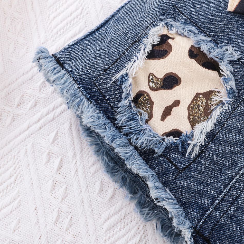 3pcs Baby Girl 100% Cotton Leopard Print Belted Ripped Denim Skirt and Letter Print Rib Knit Long-sleeve Romper with Headband Set Apricot brown big image 5
