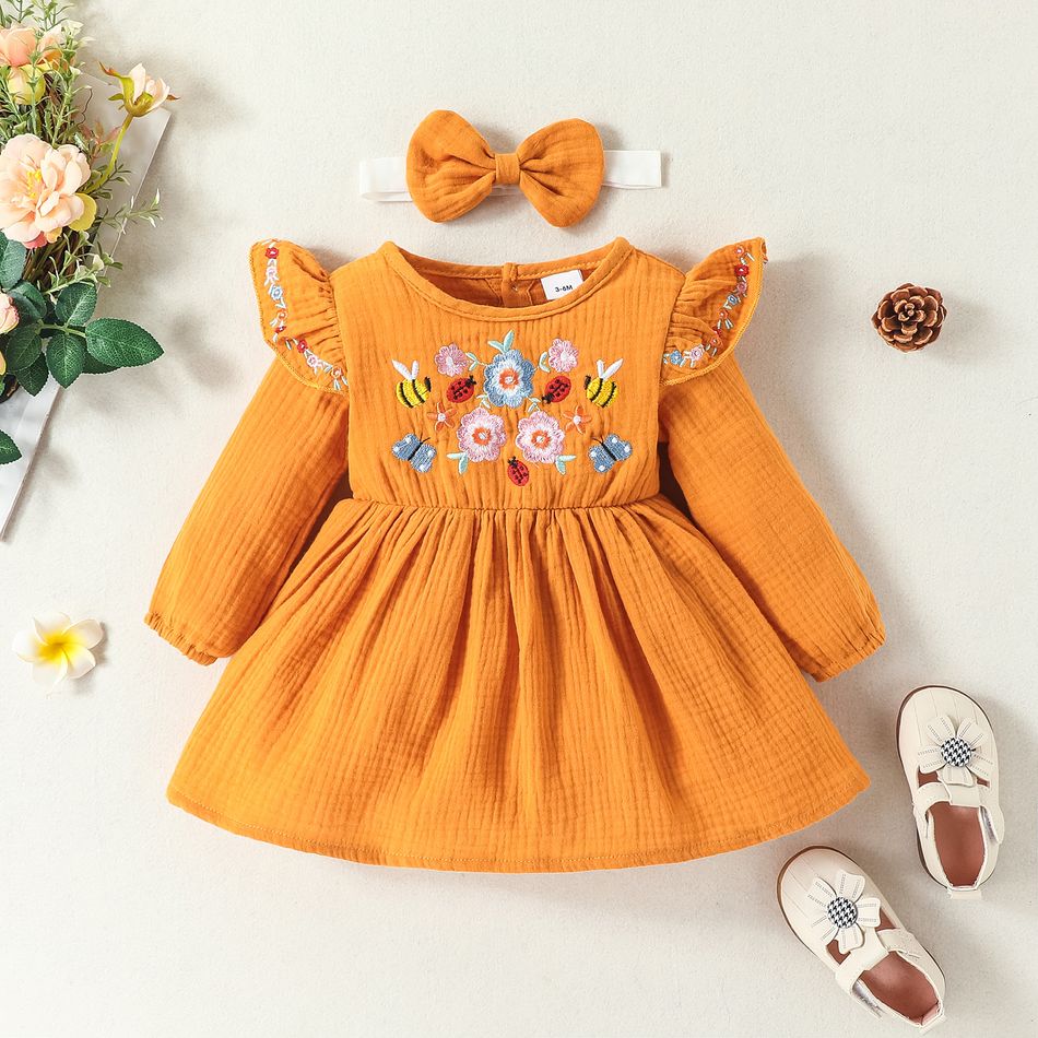 2pcs Baby Girl 100% Cotton Crepe Floral Embroidered Ruffle Long-sleeve Dress with Headband Set Ginger big image 1