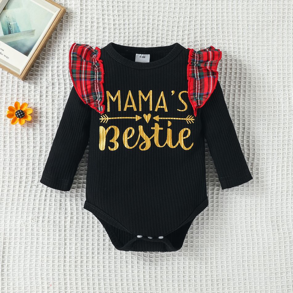 3pcs Baby Girl 100% Cotton Ripped Denim Skirt and Letter Print Red Plaid Ruffle Trim Long-sleeve Ribbed Romper with Headband Set Multi-color big image 3