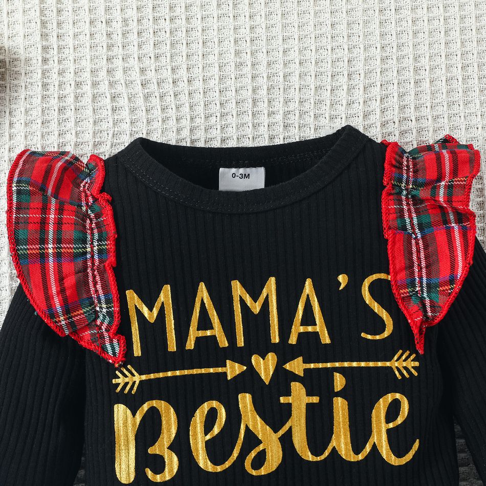3pcs Baby Girl 100% Cotton Ripped Denim Skirt and Letter Print Red Plaid Ruffle Trim Long-sleeve Ribbed Romper with Headband Set Multi-color big image 4