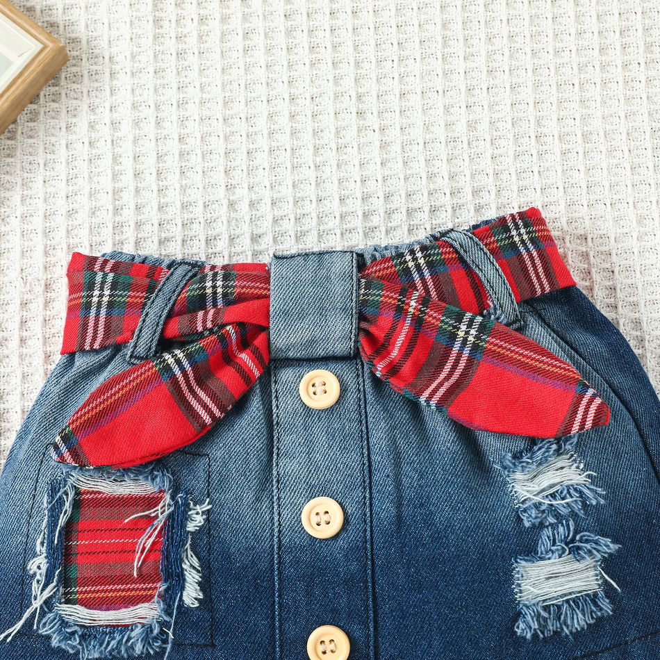 3pcs Baby Girl 100% Cotton Ripped Denim Skirt and Letter Print Red Plaid Ruffle Trim Long-sleeve Ribbed Romper with Headband Set Multi-color big image 9
