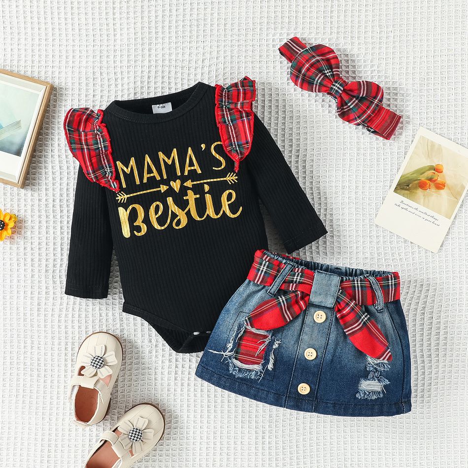3pcs Baby Girl 100% Cotton Ripped Denim Skirt and Letter Print Red Plaid Ruffle Trim Long-sleeve Ribbed Romper with Headband Set Multi-color big image 1