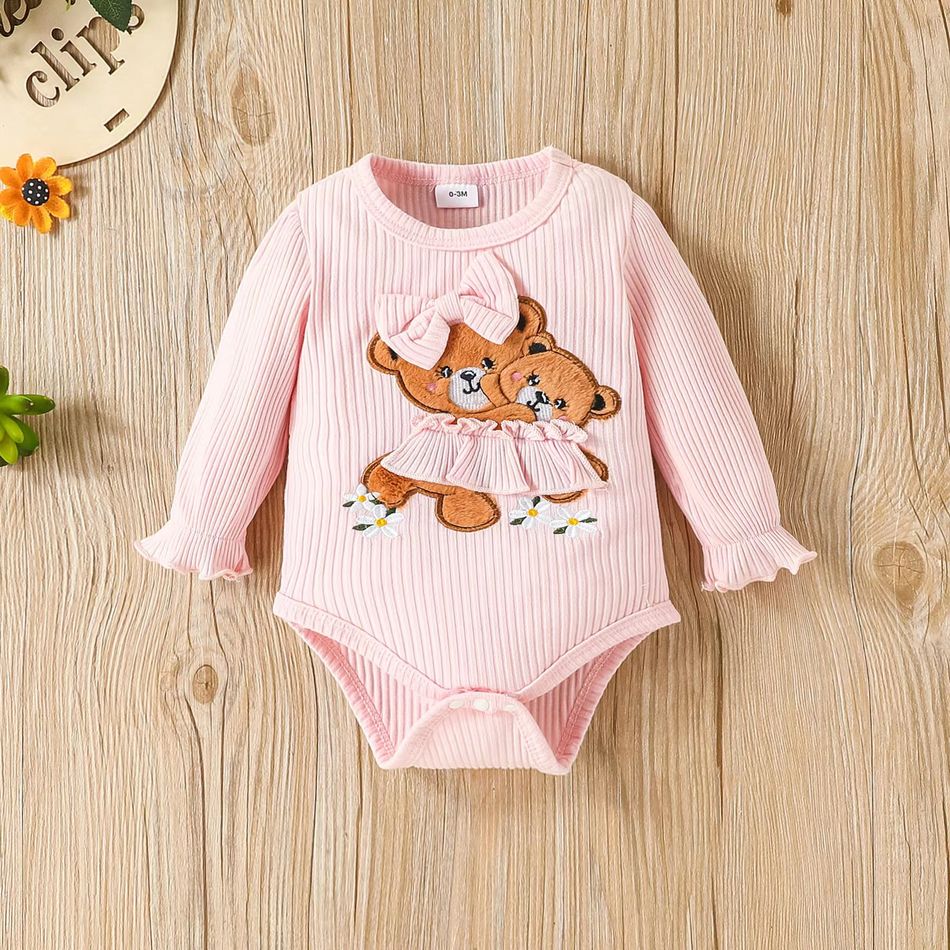 2pcs Baby Girl 95% Cotton Ribbed Long-sleeve Bear Embroidered Romper and Floral Print Bow Front Pants Set Pink big image 3