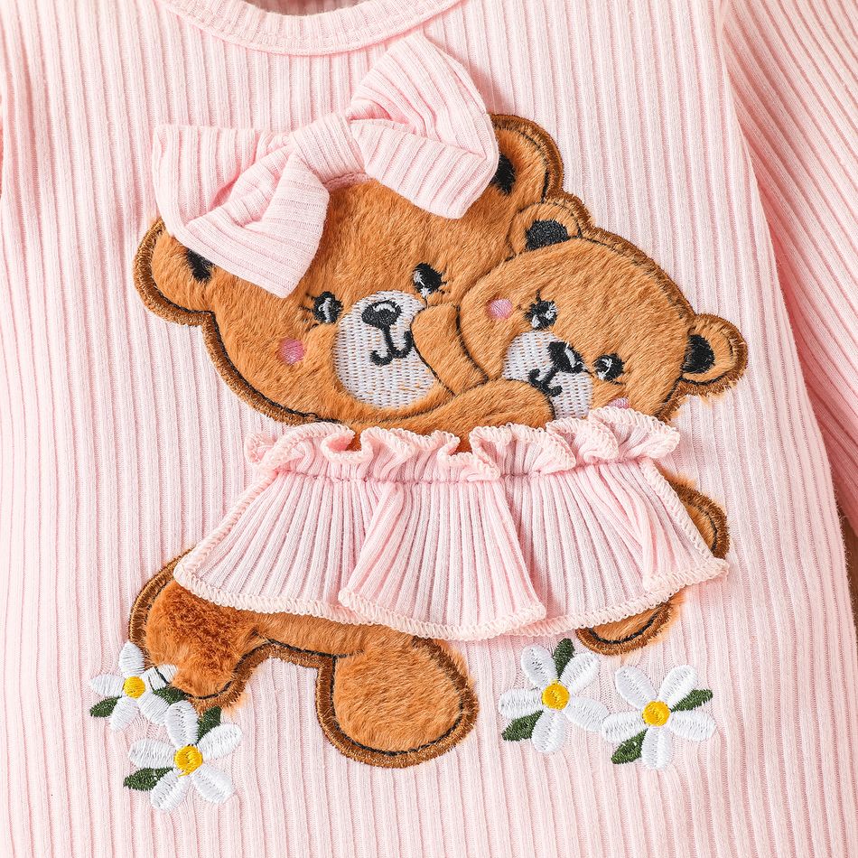 2pcs Baby Girl 95% Cotton Ribbed Long-sleeve Bear Embroidered Romper and Floral Print Bow Front Pants Set Pink big image 4