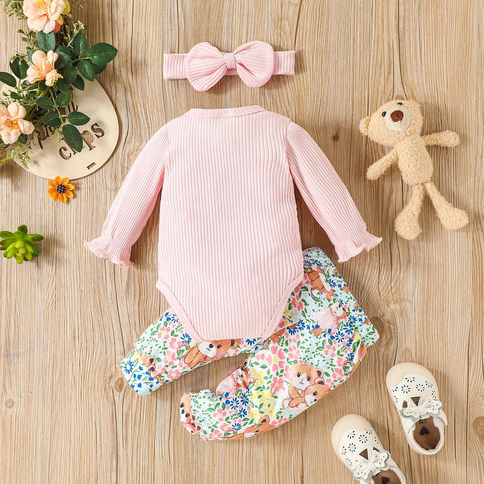 2pcs Baby Girl 95% Cotton Ribbed Long-sleeve Bear Embroidered Romper and Floral Print Bow Front Pants Set Pink big image 2