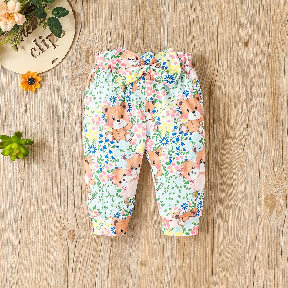 2pcs Baby Girl 95% Cotton Ribbed Long-sleeve Bear Embroidered Romper and Floral Print Bow Front Pants Set Pink big image 6