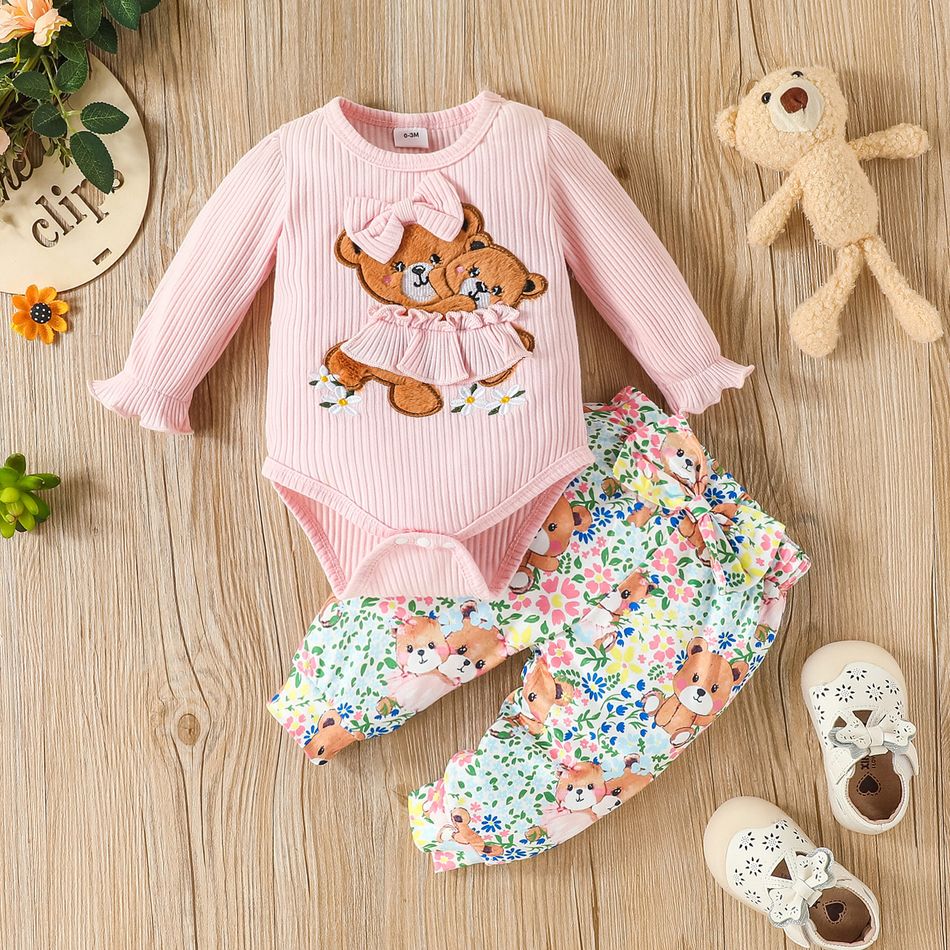 2pcs Baby Girl 95% Cotton Ribbed Long-sleeve Bear Embroidered Romper and Floral Print Bow Front Pants Set Pink