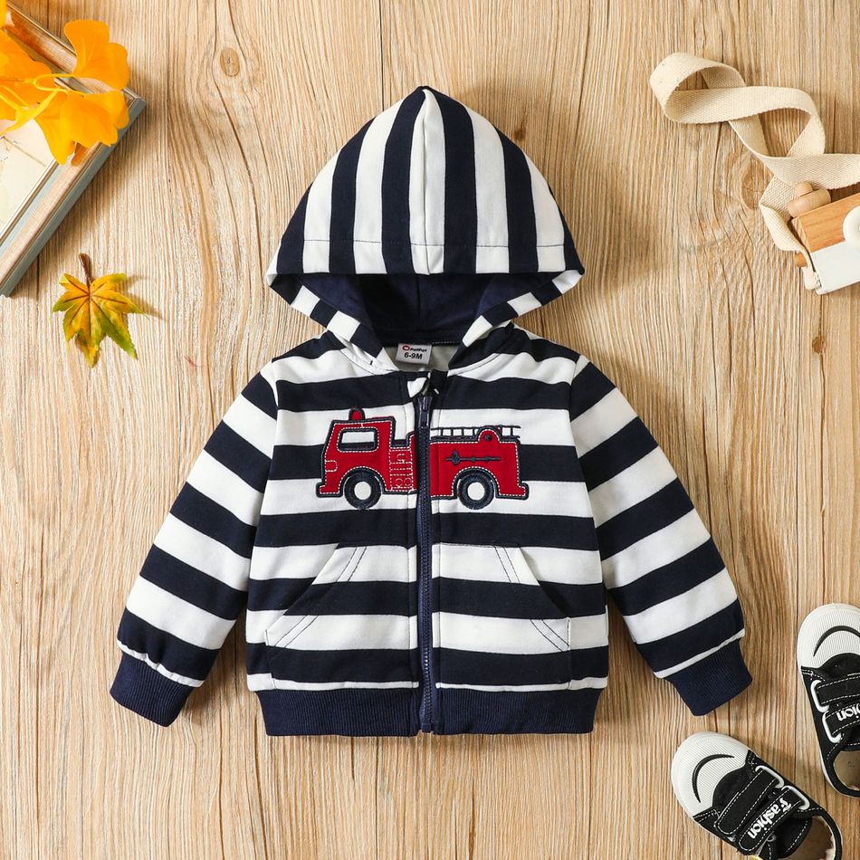 Baby Boy Truck Embroidered Striped Hooded Long-sleeve Zipper Jacket Tibetanbluewhite big image 1