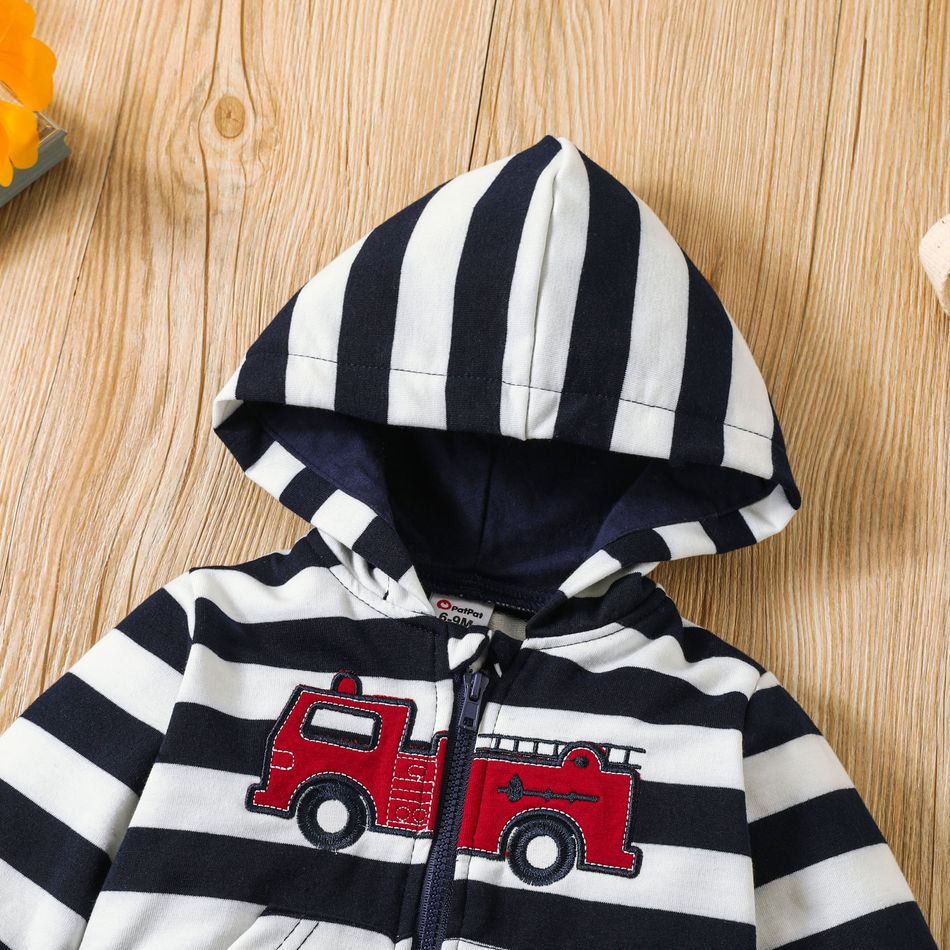 Baby Boy Truck Embroidered Striped Hooded Long-sleeve Zipper Jacket Tibetanbluewhite big image 2